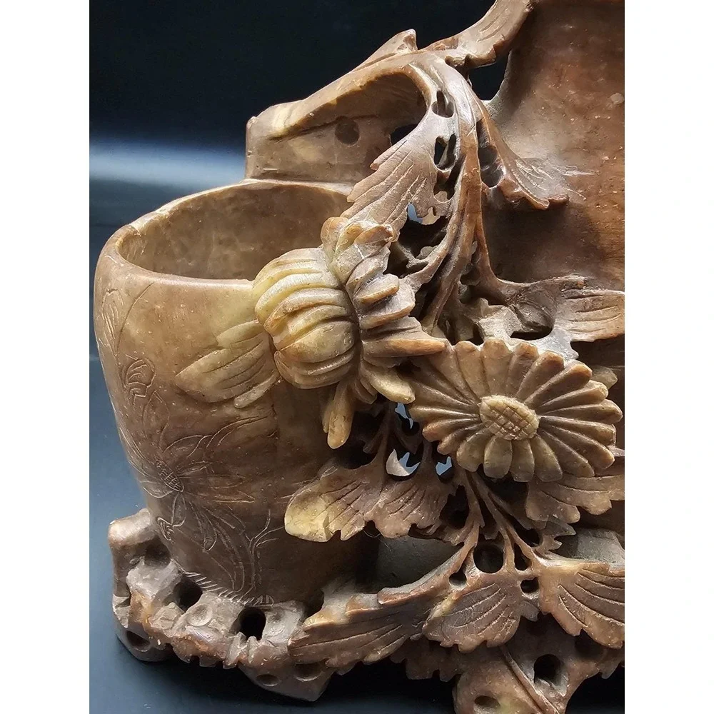 Vintage Chinese Soapstone Double Vase Hand Carved Floral Light Brown 6in SIGNED